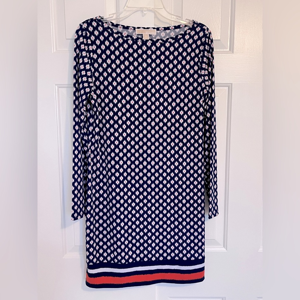 Michael Kors Navy Blue,Floral Print, Long Sleeve Shift Dress, Size M